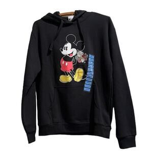 Disney Mickey Mouse Black Hoodie Pullover Embroidered Flowers - Size L - NWT